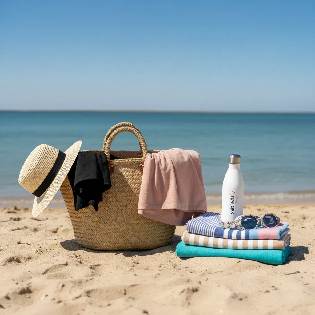 Panier de plage en feuille de palmier tressé, avec chapeau de paille, serviettes colorées et gourde blanche sur le sable
